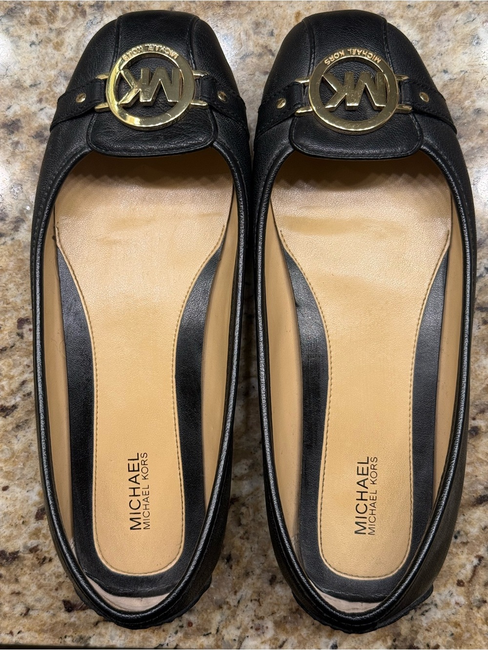 Michael Kors Black Leather Logo Round-Toe Ballet Flats with Gold MK Hardwarei